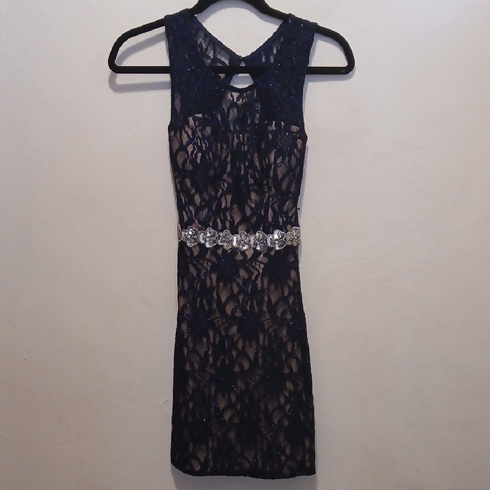 Navy and Tan Halter Sheath Mini Dress